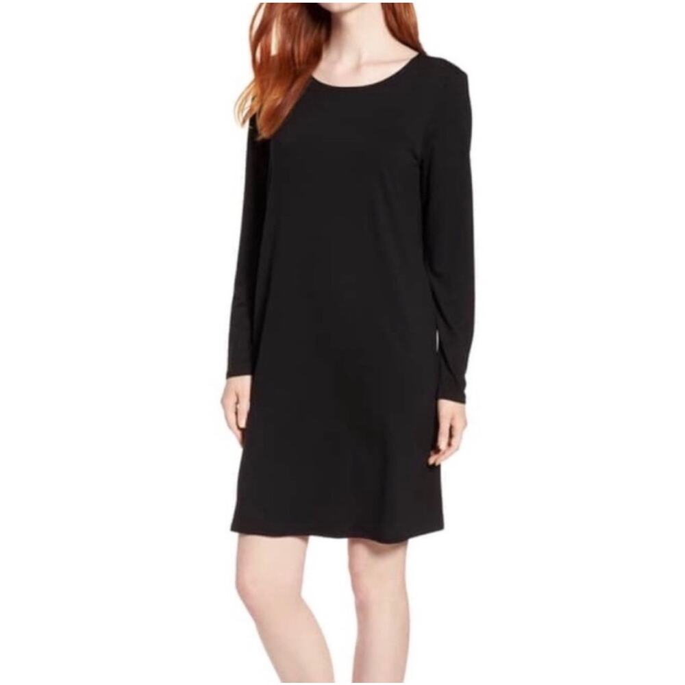 Eileen Fisher System Black Women's Tencel Cut Out Back Long Sleeve Dress Size PS
